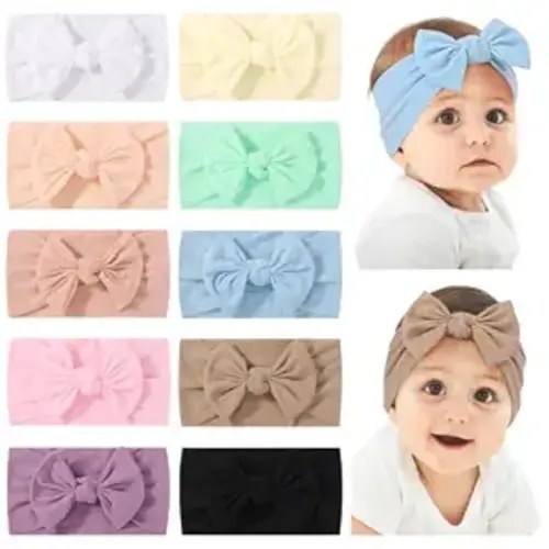 jollybows 10PCS Baby Girl Bows and Headbands Soft Nylon Stretch Headbands | Elastics Nylon Hairbands Candy Color Newborn Baby Hair Accessories for Infant Girls and Toddlers
