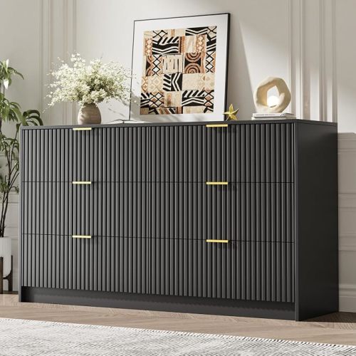 6 Drawer Dresser for Bedroom, 55" Wide Modern Chest of Drawers with Gold Metal Handles, Fluted Wood TV Stand for Living Room, Hallway, WALNUT
