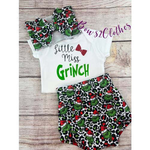 Little Miss Grinch Outfit: Christmas Bummies, Top & Bow Set