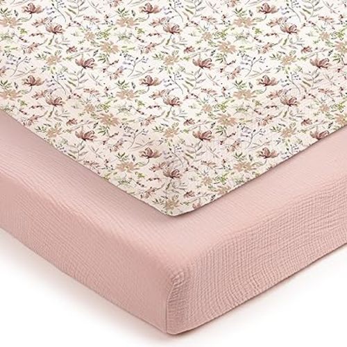lulumoon Mini Crib Sheets 2-Pack: Soft Muslin Cotton Pack and Play Sheets for Playard Mattress - Boho Floral Print for Girls