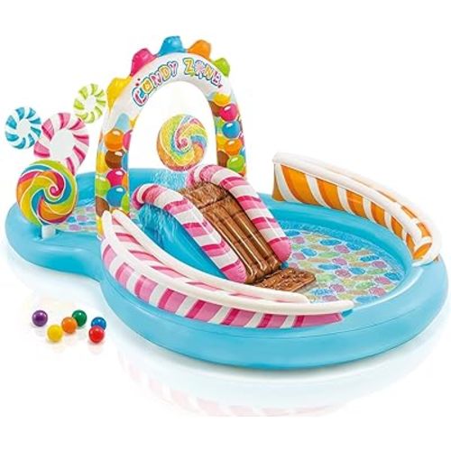 INTEX Candy Zone Inflatable Kiddie Pool: Inflatable Kids Pool with Water Sprayer and Slide – Splash Pad – 116" x 75" x 51" – Ages 3+