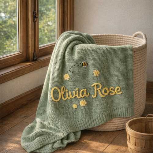 Personalised Custom Embroidered Baby Name Blanket Baby Knit Blanket, Monogrammed Newborn Gift,
