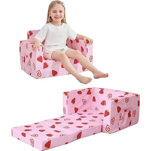 Toddler Couch, 2-in-1 Soft Kids Couch Bed Fold Out, Toddler Chairs Comfy for Boys & Girls, Convertible Kids Sofa to Lounge for Playroom, Gift for Birthday, Children's Day - Pink Strawberry