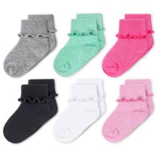 Cozyway Baby Girls Socks, Ruffle Ripple Edge Turn Cuff Sock - 9-24 Months Toddler - 6 pack, Solid Multicolored