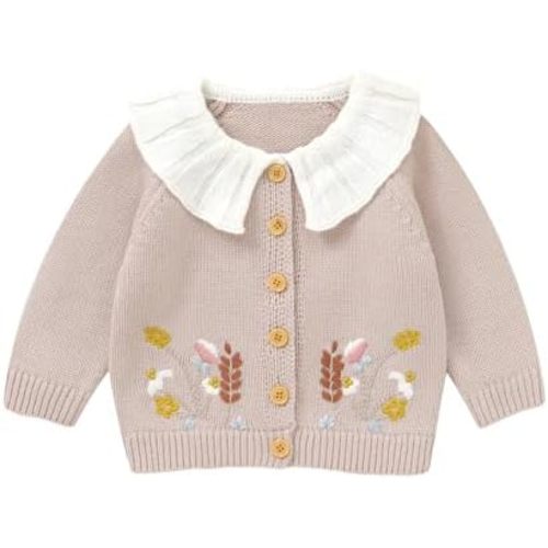 Toddler Baby Girl Knit Cardigan Doll Collar Long Sleeve Rooster Embroidery Button Down Sweater Infant Winter Outfit