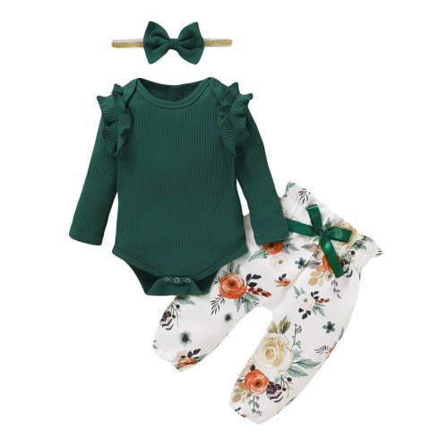 Coming Home Outfit Girl Newborn Fall 3 Piece Knit Pants Set Ruffle Hem Ribbed Romper Floral Trousers with Headband, Green, 3 Months
