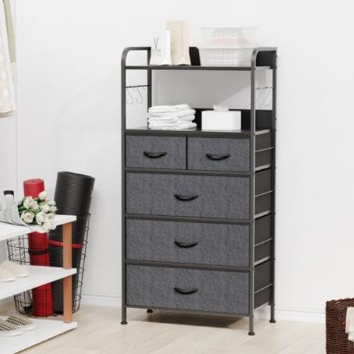 Garvee 5 Drawers Dresser for Bedroom - Fabric Storage Tower with Wood Top, Sturdy Steel Frame, Easy Pull Handle Dressers, Gray