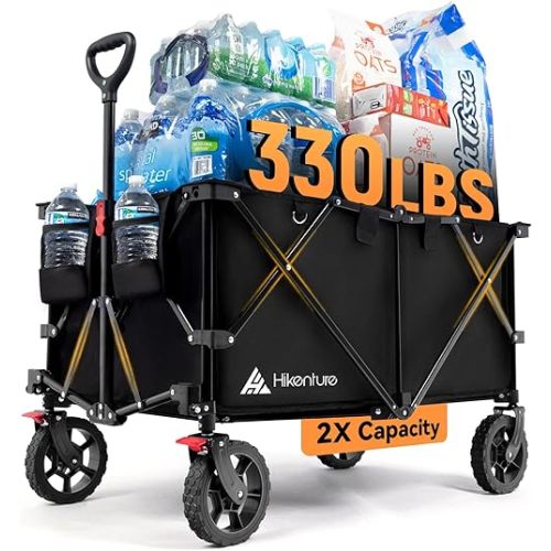 Hikenture Collapsible Wagon 330LBS Capacity, 200L Extra Large Wagons Carts Foldable, Heavy Duty Folding Wagons with All-Terrain Wheels, Utility Beach Cart for Outdoor Garden, Black