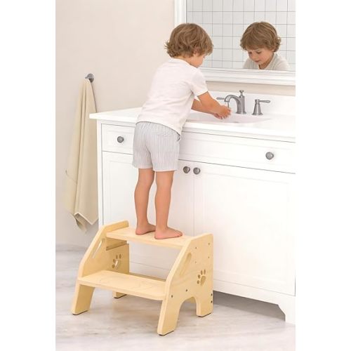 Toddler Step Stool Wooden 2 Step - Non-Slip Kids Stool for Bathroom Sink with Adjustable Height and Cute Pattern - 300lbs Support Stepping Stool for Bathroom Kitchen Children’s Room
