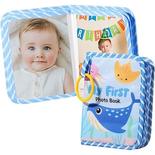 17 Photos My First Family Album Book with 5.5" x 7",First Year Baby Album Soft Cloth Cover & Hook for Newborn, Baby Photo Album Soft Cloth Family Book,Toddler Photo Album (Whale)
