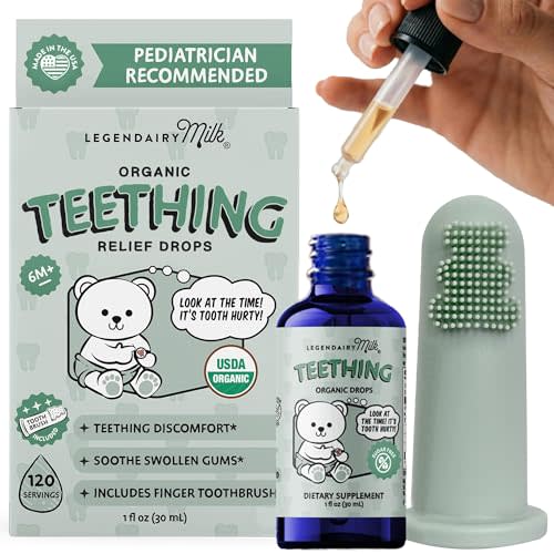 Legendairy Milk Organic Baby Teething Drops with Toothbrush, 120 Servings | Chamomile, Clove & Echinacea Blend to Help Soothe Painful and Swollen Gums During Teething for Babies 6+ Months, Sugar Free