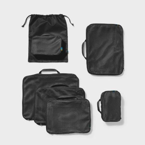 7pc Packing Cube Set with Compression - Open Story™ Black: Travel Organizer, Solid Pattern, Zipper Closure