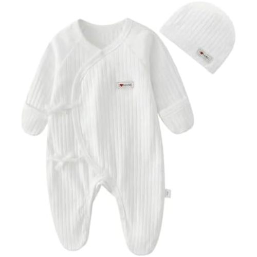 Newborn Baby Unisex Onesie 0-3 Months, Cotton Ribbed Long Sleeve Clothes, Baby Boy's & Girls' Footies With Hat