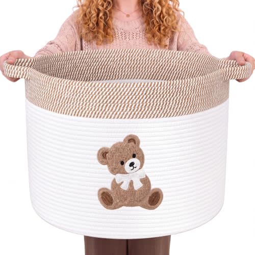 LemonRoad Large Woven Bear Basket, Cotton Rope, Bear, Brown White