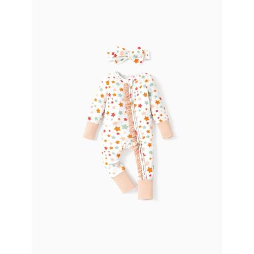 Bamboo Baby Boy/Girl Animal Printed 2-Way Zip Onesies Anti Slip Long-sleeve Footie with Hairband Apricot