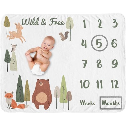 Sweet Jojo Designs Baby Milestone Blanket (Woodland Animals) for Girls and Boys, Infant Newborn First Year Growth Mat, Baby Shower Memory Keepsake Gift (Sage Green, Watercolor, Forest Animal Friends)