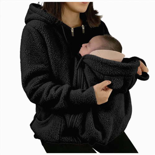 mgoYE Women Zip Up 2 in 1 Ba‘by Wearing Jacket Maternity Winter Coat Thicken Kangaroo Sweatshirt(Black,M)