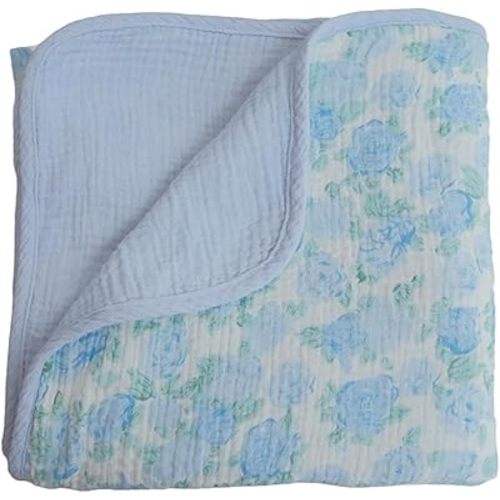 100% Cotton Muslin Baby Blanket,Reversible Receiving Blanket for Girls,Premium Organic Cotton Crib Quilt for Newborns Toddlers,Soft&Durable for Nursery,Tummy Time,Blue Rose 47x47in