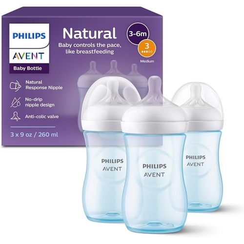 Philips Avent SCY903/03 Lot de 3 biberons naturels avec tétine à réponse naturelle (débit moyen, débit 3), 255 ml | Baby-Controlled Flow, No-Drip Design, Reduces Colic and Gas with Anti-Colic Valve, Natural Response, SCY903/03
