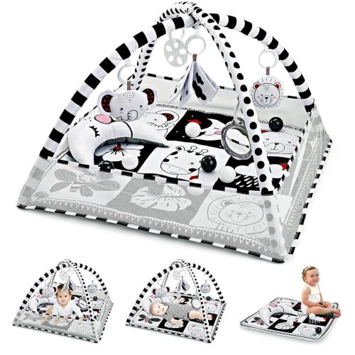 Tummy Time Mat 8-in-1, Play Gyms for 0-6 Months Black and White Baby Play Mat Activity Gym with Sensory Toys and Pillow High Contrast Newborn Play Mat for Newborn Babies