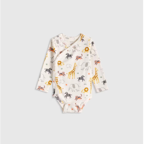 100% Organic Cotton Long Sleeve Kimono Bodysuit - Baby in Safari