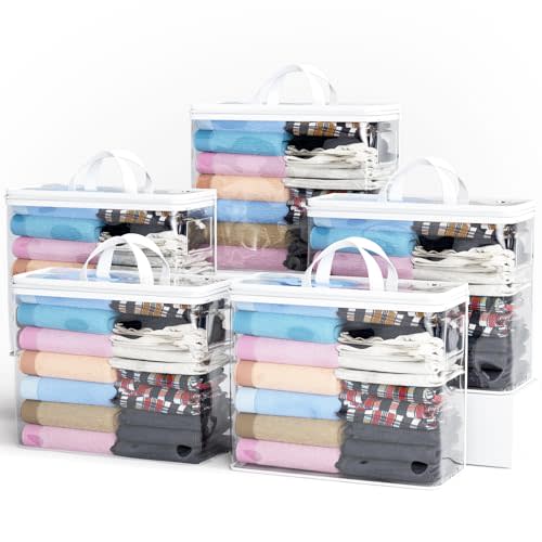 5PACK Plastic Clothes Storage Bag with Zipper, 22L Clear Storage Bags for Stationery and Clothes Organisers for Bedding, Blankets, Comforters, Books, DVD & CD (White)