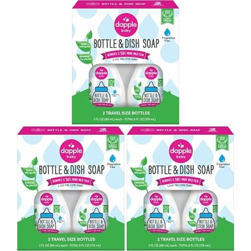 Dapple Baby Fragrance-Free Baby Bottle & Dish Soap - (6 Pack) 3 fl oz - Plant-Powered Cleaner for Bottles, Pump Parts, and Sippy Cups - Travel Size