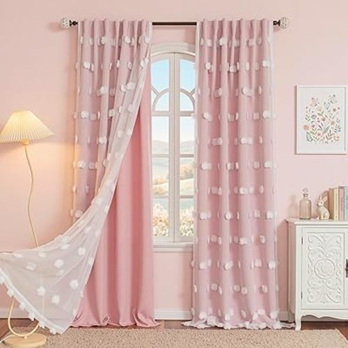MYSKY HOME Pink Kid Curtains for Girls Bedroom 2 Layered 84 Inches 2 Panels