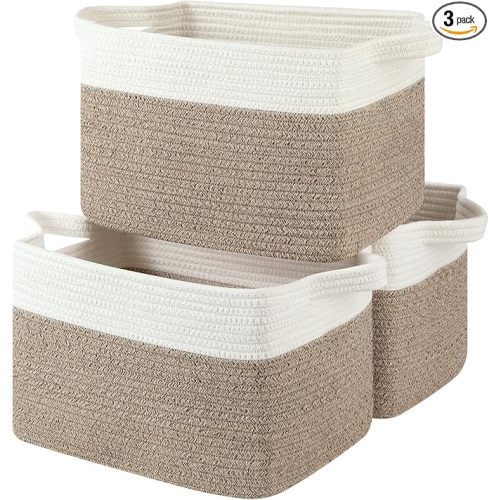 OIASKET Storage Baskets for Organizing, Woven Baskets for Shelves, Rectangle Decorative Organizer for Storage Clothes, Toy, Books, Towels Nursery Bins 3 Pack (Brown & White, 13"x9.85"x8.7")