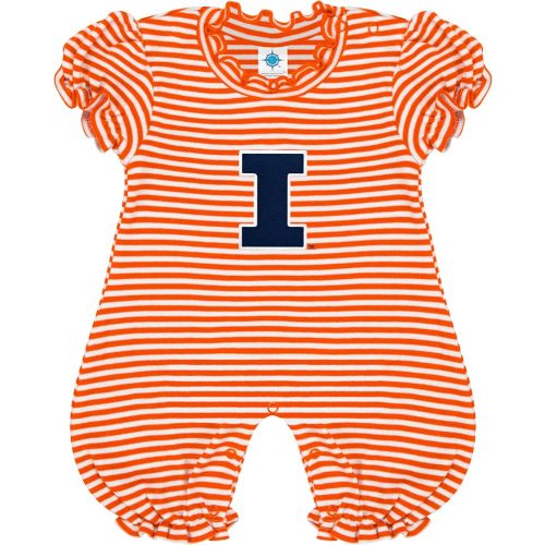 ILLINOIS Creative Knitwear College Baby Striped Puff Sleeve Romper - Illinois Fighting Illini Logo - Orange/White - 6-9 Months