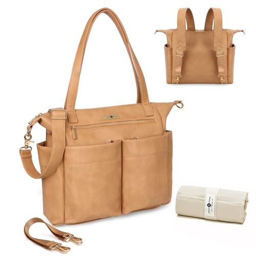 miss fong Diaper Bag Tote Baby Bag Leather Diaper Bag Backpack Large Diaper Tote Bag with 11 Pockets Changing Pad, Stroller Straps,4 Insulated Pockets