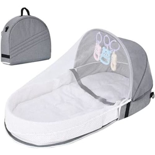 JTLB Cuna de viaje portátil para bebé con red y toldo plegable, bolsa cambiadora de lino y algodón, diseño biónico de 0 a 18 meses con juguetes para recién nacidos (gris)
