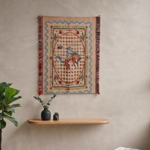 Woven Cowboy Horse Tapestry, Boho Western Textile Wall Art, Rustic Farmhouse Decor