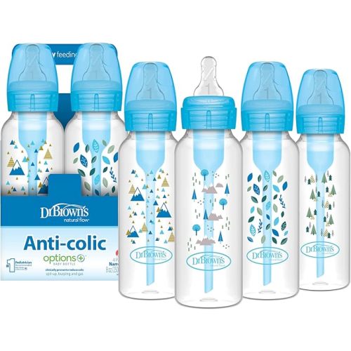 Dr. Brown's Natural Flow Anti-Colic Options+ Narrow Baby Bottle, Blue Nature, 8 oz/250 mL, with Level 1 Slow Flow Nipples, 0m+, 4 count (Pack of 1)