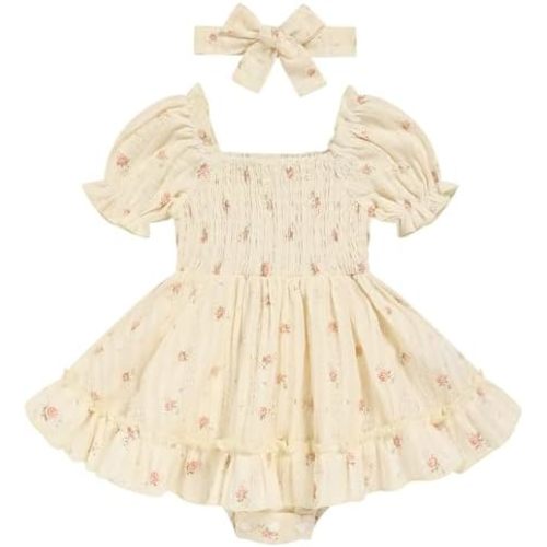 GRNSHTS Baby Girl Romper Dress, Puff Sleeve Smocked Outfit with Headband for Infants Soft Cotton Photo Shoot