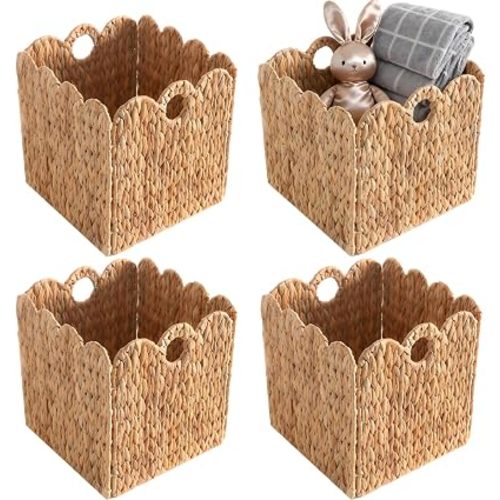 Scalloped Wicker Storage Cubes Basket, 12”x12“ Heavy Duty Paper rope/Hyacinth/Seagrass Baskets for Shelves, Foldable Natural Boho Square Bins (Water Hyacinth&10.5 x 10.5 x 10.5in&4-Pack)