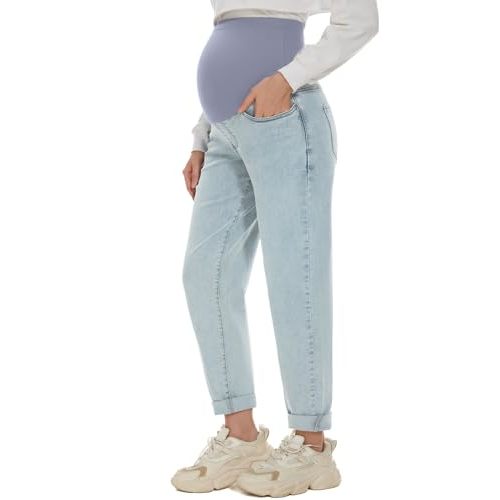 POSHGLAM Women's Maternity Jeans Over Belly Comfy Stretch 28'' Boyfriend Jeans Loose Pregnancy Pants, S-XXL