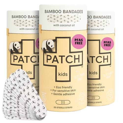 PATCH Eco-Friendly Bamboo Adhesive Sensitive Skin Bandages with Coconut Oil, Hypoallergenic Bandages for Sensitive Skin, Cute Kids Panda Print, Biodegradable, Plastic & Latex Free, 25 Count - 3pk