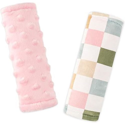 DILIMI Baby Car Seat Belt Covers, 2Pcs Carseat Shoulder Strap Pads, Soft Minky Car Seat Neck Covers, Newborn Car Seat Strap Protectors, Stroller Strap Covers for Baby Kids, Colorful Checkered