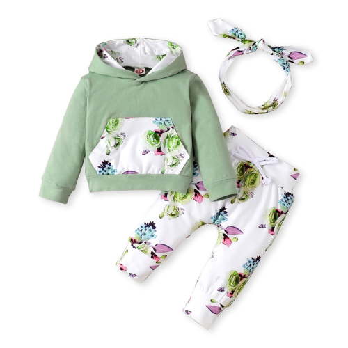 OLLUISNEO Newborn Baby Girls Pants Outfits 6 Months Winter Pants Outfits 12 Months Floral Print Pocket Long Sleeve Hooded Top Elastic Pants Headband 3 PCS Set Light Green