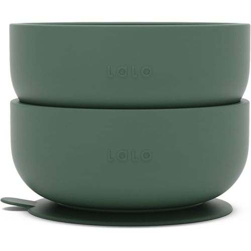 Lalo Suction Bowls - 2 Pack, 100% Silicone Non-Toxic BPA-Free Baby Bowls with Suction Base To Prevent Accidental Tip-Overs - Silicone Bowls For Babies And Toddlers - Olive