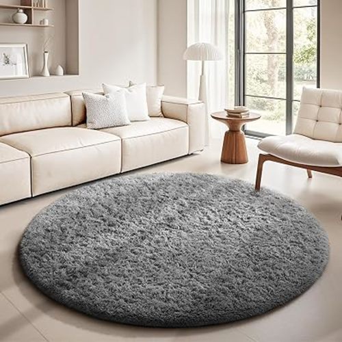 Ophanie Round Rug 5Ft Grey Circle Area Rugs, Fluffy Fuzzy Bedroom Carpet 5 Foot, Plush Shag Indoor Floor Gray Living Room Christmas Circular Aesthetic Decor for Kids Teen Boys Baby,Nursery, Classroom