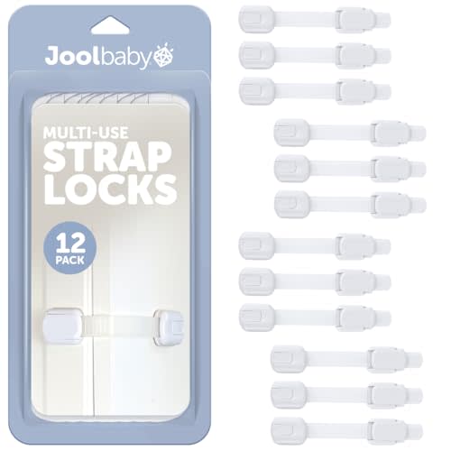 Jool Baby Child Safety Strap Locks (12 Pack) Baby Proof Cabinets, Drawers, Fridge, Toilet & Trash Cans – 3M Adhesive Childproof Locks