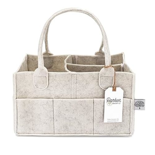 Parker Baby Co. Felt Diaper Caddy Organizer - Regular, Oatmeal | Portable nursery storage bin for diapers, wipes, bottles & baby essentials for home/car. Soft felt, foldable design 13x9x7"
