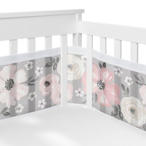 Sweet Jojo Designs Girl BreathableBaby Breathable Mesh Crib Liner Baby Nursery Watercolor Floral Grey Pink and White