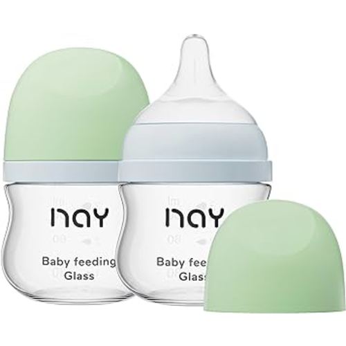 Natural Glass Baby Bottle Wide Neck, Newborn Anti-Colic Baby Bottle, Clear, 3oz(Pack of 2), Includes 2Pcs Slow Flow Nipple(SS), 0 Months+