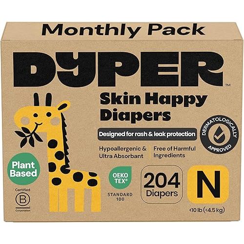 DYPER Monthly Pack Newborn Baby Diaper <10 lbs 204 Count - Leak-Proof & Plant Based, Hypoallergenic and Ultra Absorbent Newborn Diapers for Day and Overnight Skin Protection (Packaging May Vary)