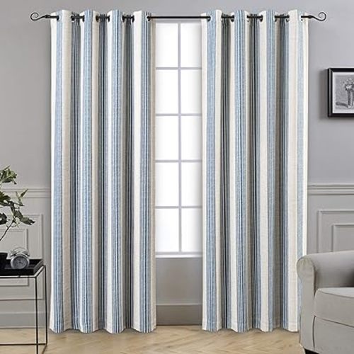 DriftAway Chris Linen Blackout Curtains with Thermal and Sound Reducing Layer 84 Inches Long for Bedroom Striped Printed Drapes Thermal Insulated Lined Window Treatments for Living Room Jean Navy
