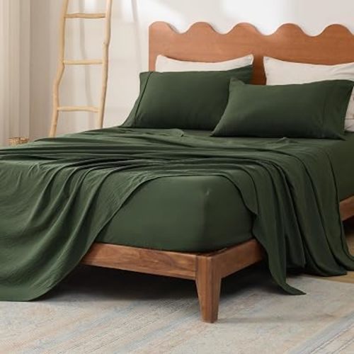 Bedsure Queen Sheets Set - Fits Mattresses Up to 16" Deep - 4 Piece Breathable Bed Sheets, Imitation Cotton Textured Jacquard Bedding Sheet Set, Bedsheet & Pillowcases for Kids,Women,Men,Olive Green
