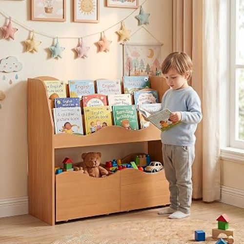 Costzon Wooden Kids Bookshelf with 2 Rolling Drawers, Montessori Toy Shelf (Natural)